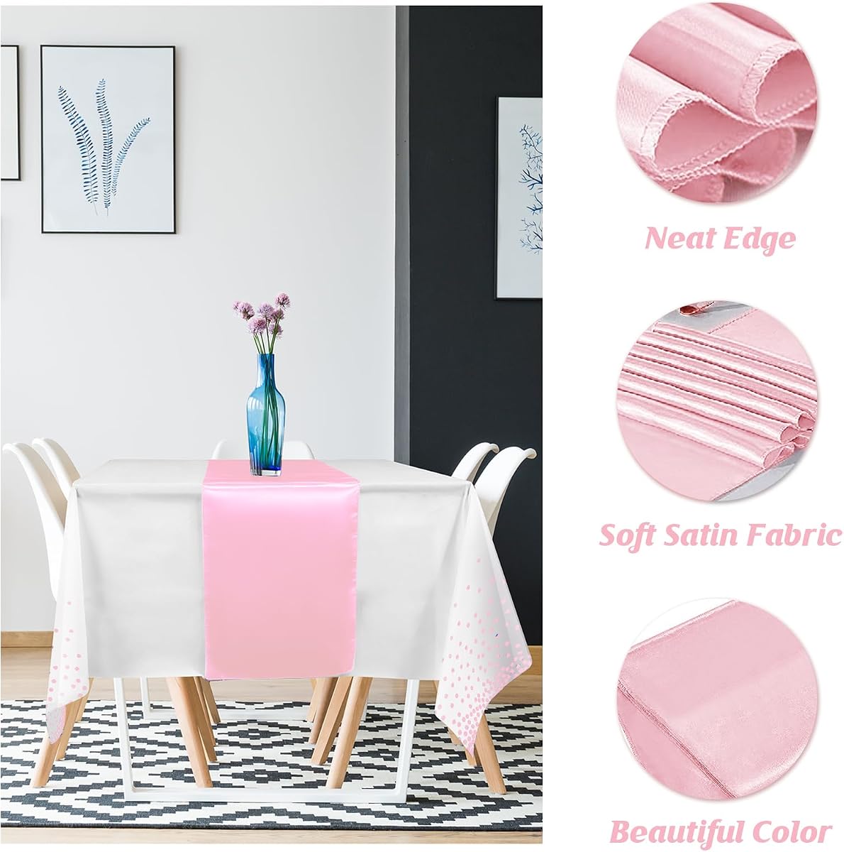 White and Pink Tablecloth and Runner Set, 8 pack view 3