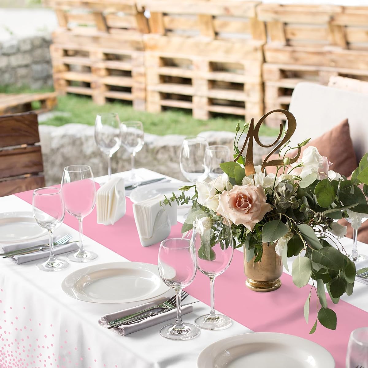 White and Pink Tablecloth and Runner Set, 8 pack view 4