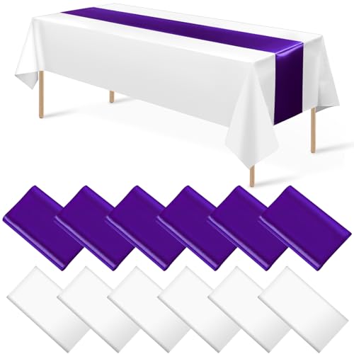 White and Purple Tablecloth and Runner Set, 54 x 108 inch, 12 pack