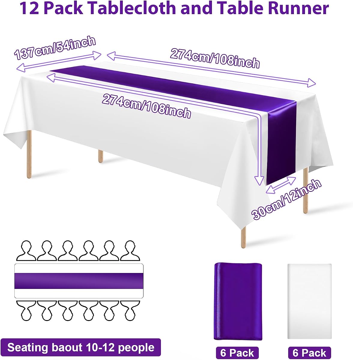 White and Purple Tablecloth and Runner Set, 54 x 108 inch, 12 pack view 2