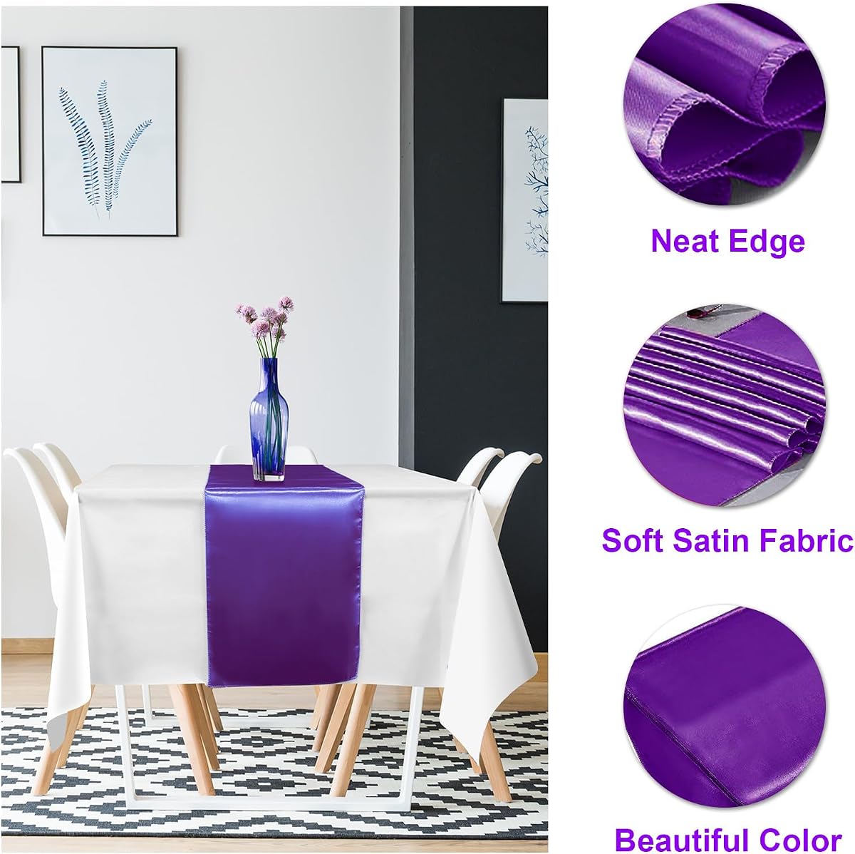 White and Purple Tablecloth and Runner Set, 54 x 108 inch, 12 pack view 3