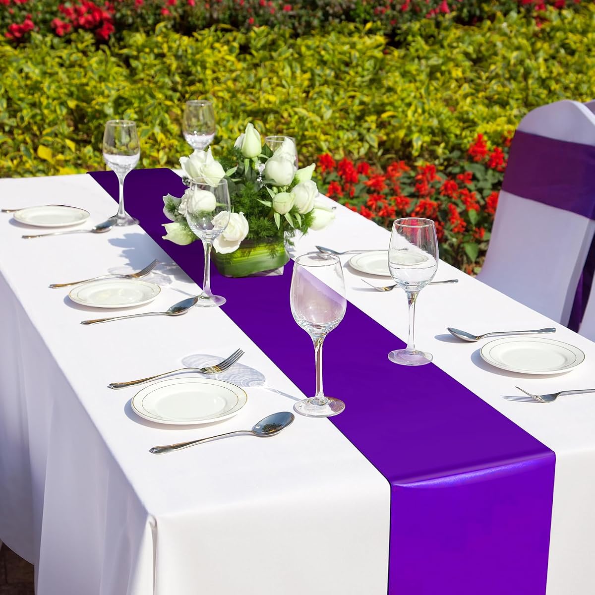 White and Purple Tablecloth and Runner Set, 54 x 108 inch, 12 pack view 4