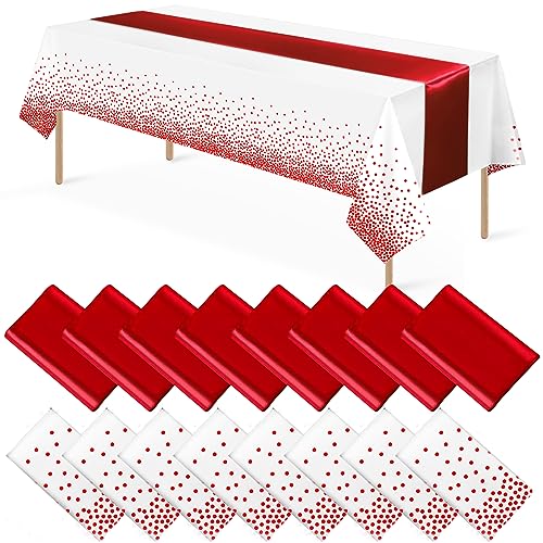 White and Red Tablecloth and Runner Set, 16 pack