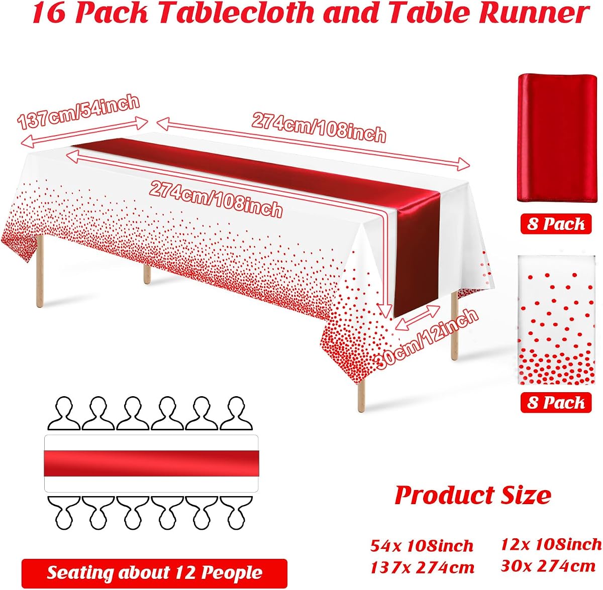 White and Red Tablecloth and Runner Set, 16 pack view 2