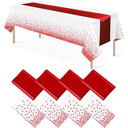 White and Red Tablecloth and Runner Set, 8 pack
