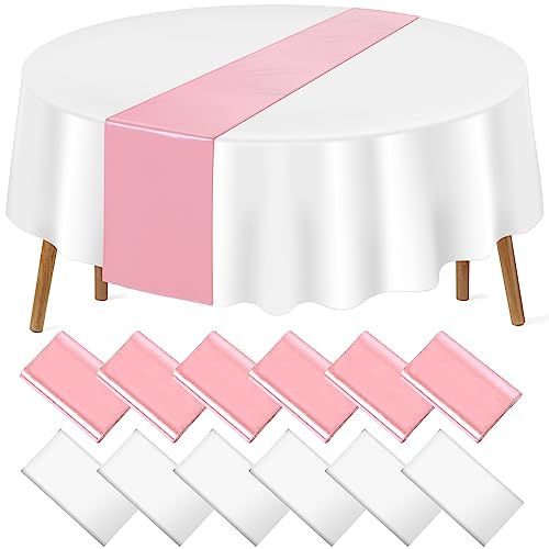 White and Rose Gold Round Tablecloth and Runner Set, 84 inch round, 12 pack