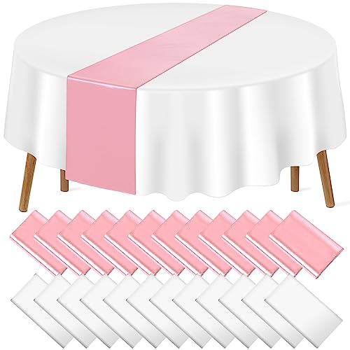 White and Rose Gold Round Tablecloth and Runner Set, 84 inch round, 24 pack