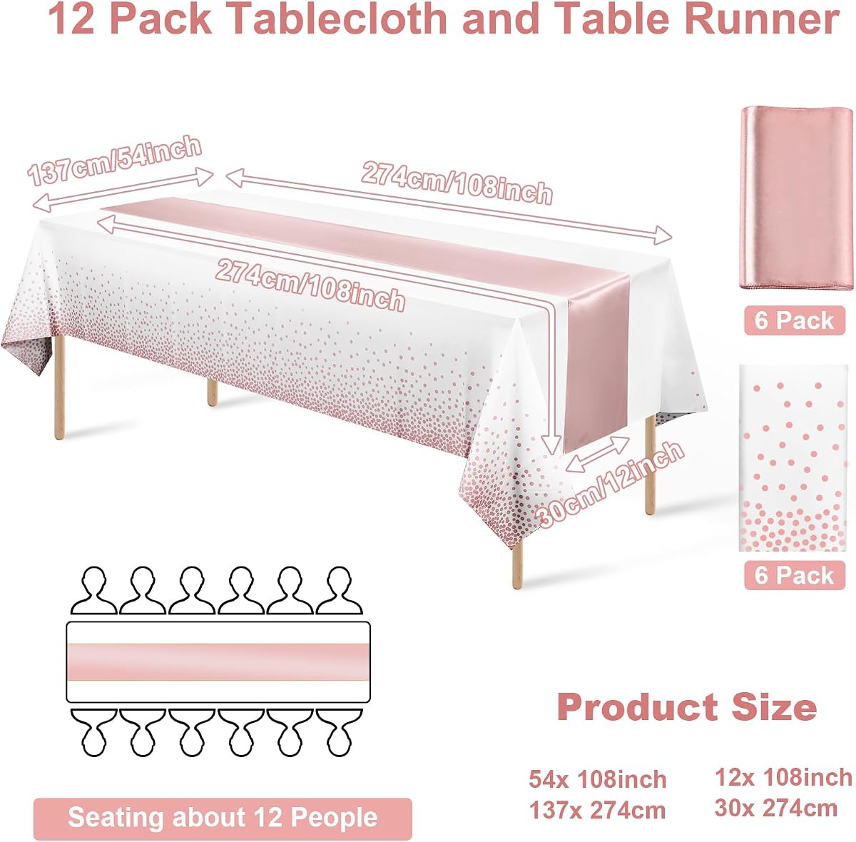 White and Rose Gold Tablecloth and Runner Set, 12 pack view 2