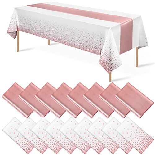 White and Rose Gold Tablecloth and Runner Set, 16 pack