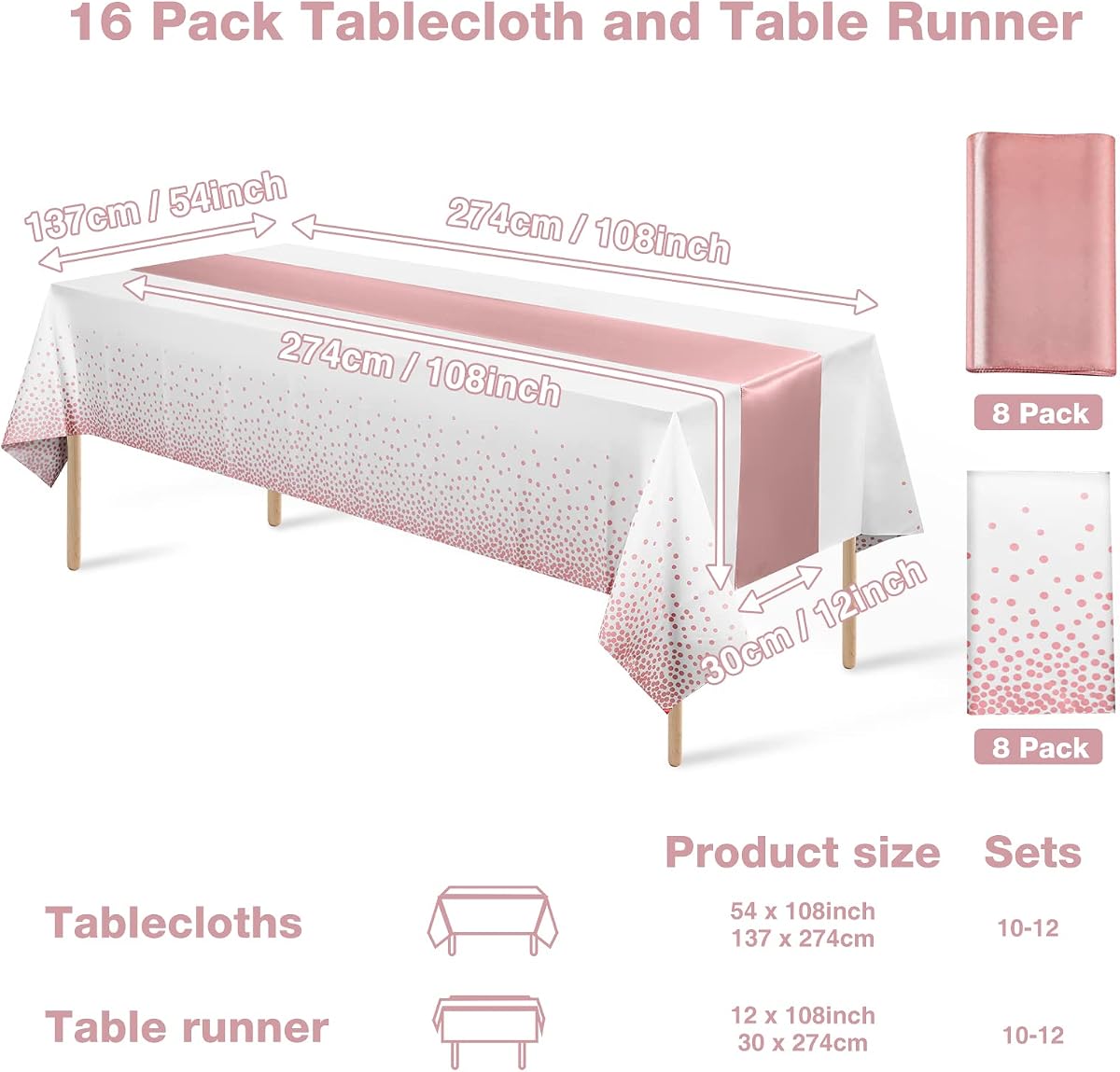 White and Rose Gold Tablecloth and Runner Set, 16 pack view 2