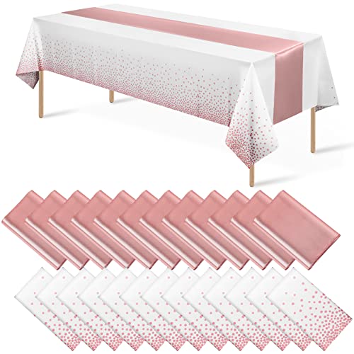 White and Rose Gold Tablecloth and Runner Set, 24 pack