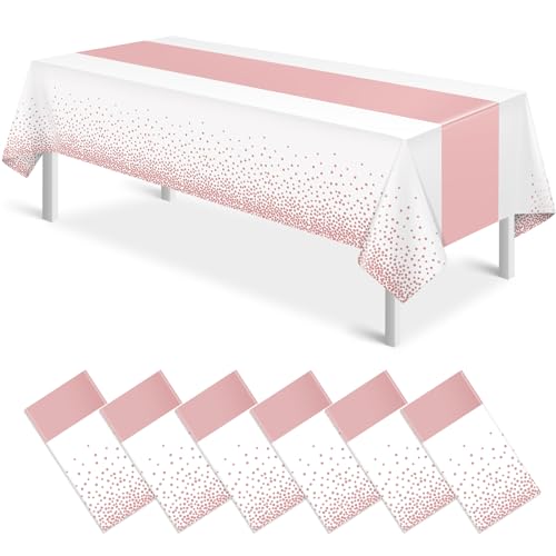 White and Rose Gold Tablecloth and Runner Set, 54 x 108 inch, 6 pack