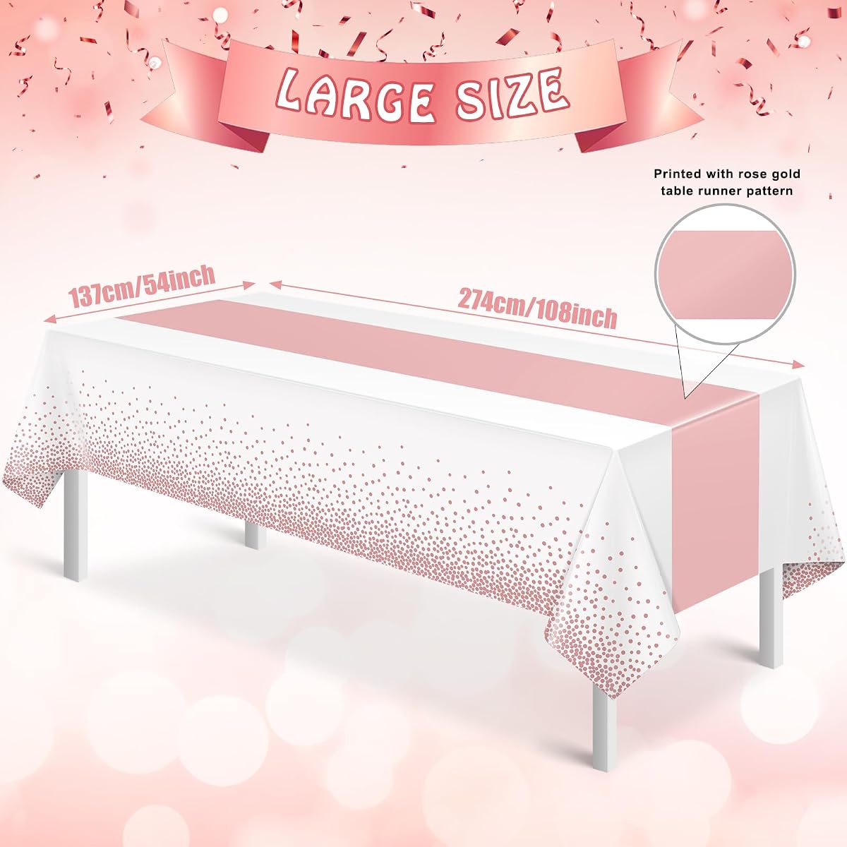 White and Rose Gold Tablecloth and Runner Set, 54 x 108 inch, 6 pack view 2