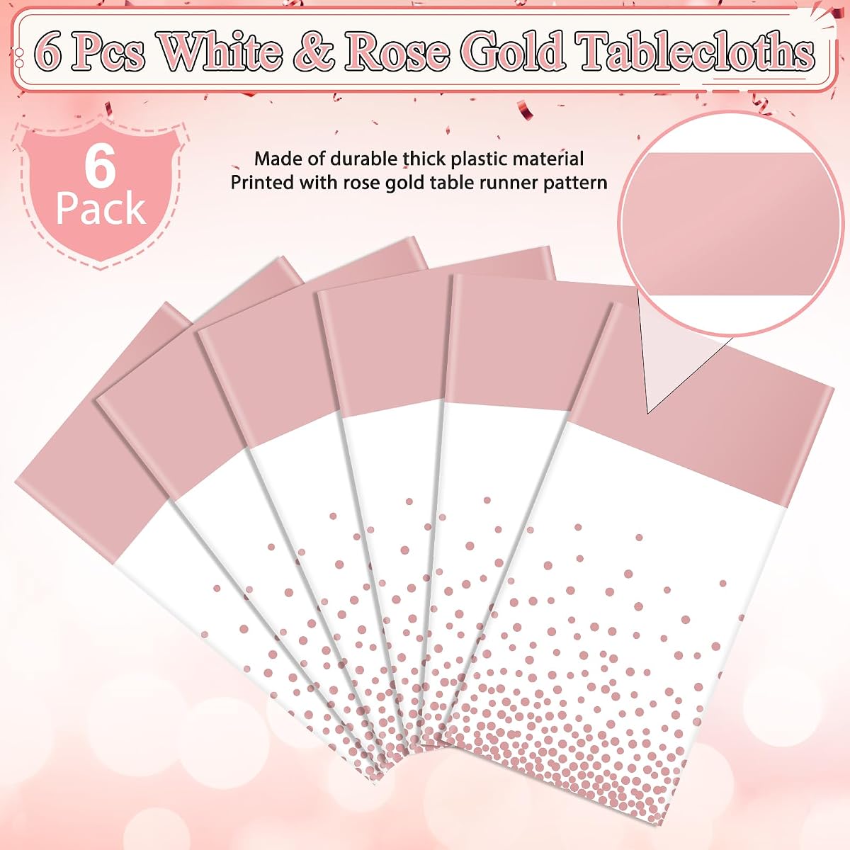 White and Rose Gold Tablecloth and Runner Set, 54 x 108 inch, 6 pack view 4