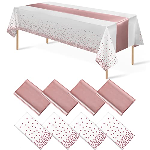 White and Rose Gold Tablecloth and Runner Set, 8 pack