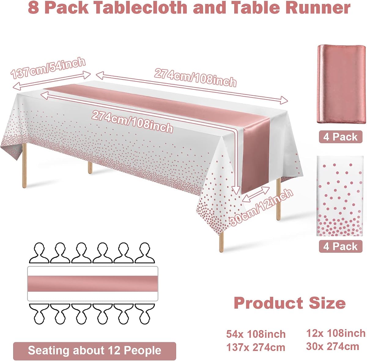 White and Rose Gold Tablecloth and Runner Set, 8 pack view 2