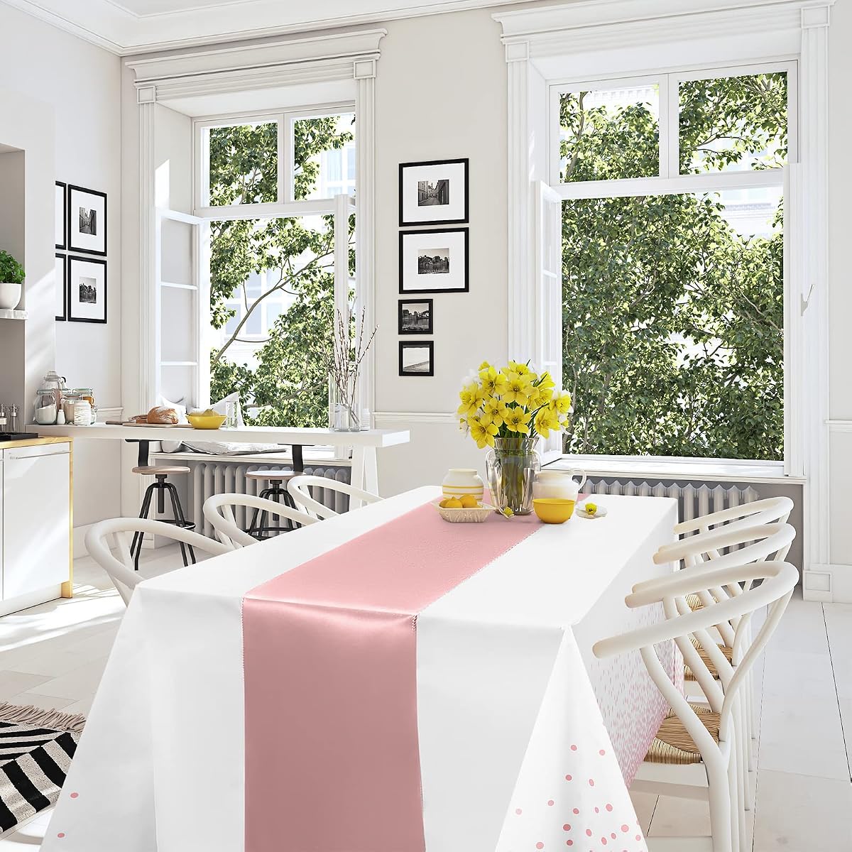 White and Rose Gold Tablecloth and Runner Set, 8 pack view 4
