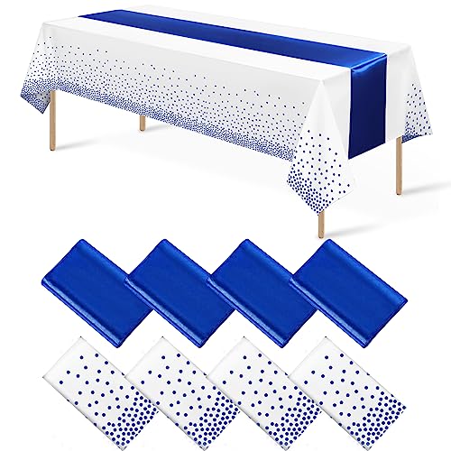 White and Royal Blue Tablecloth and Runner Set, 8 pack