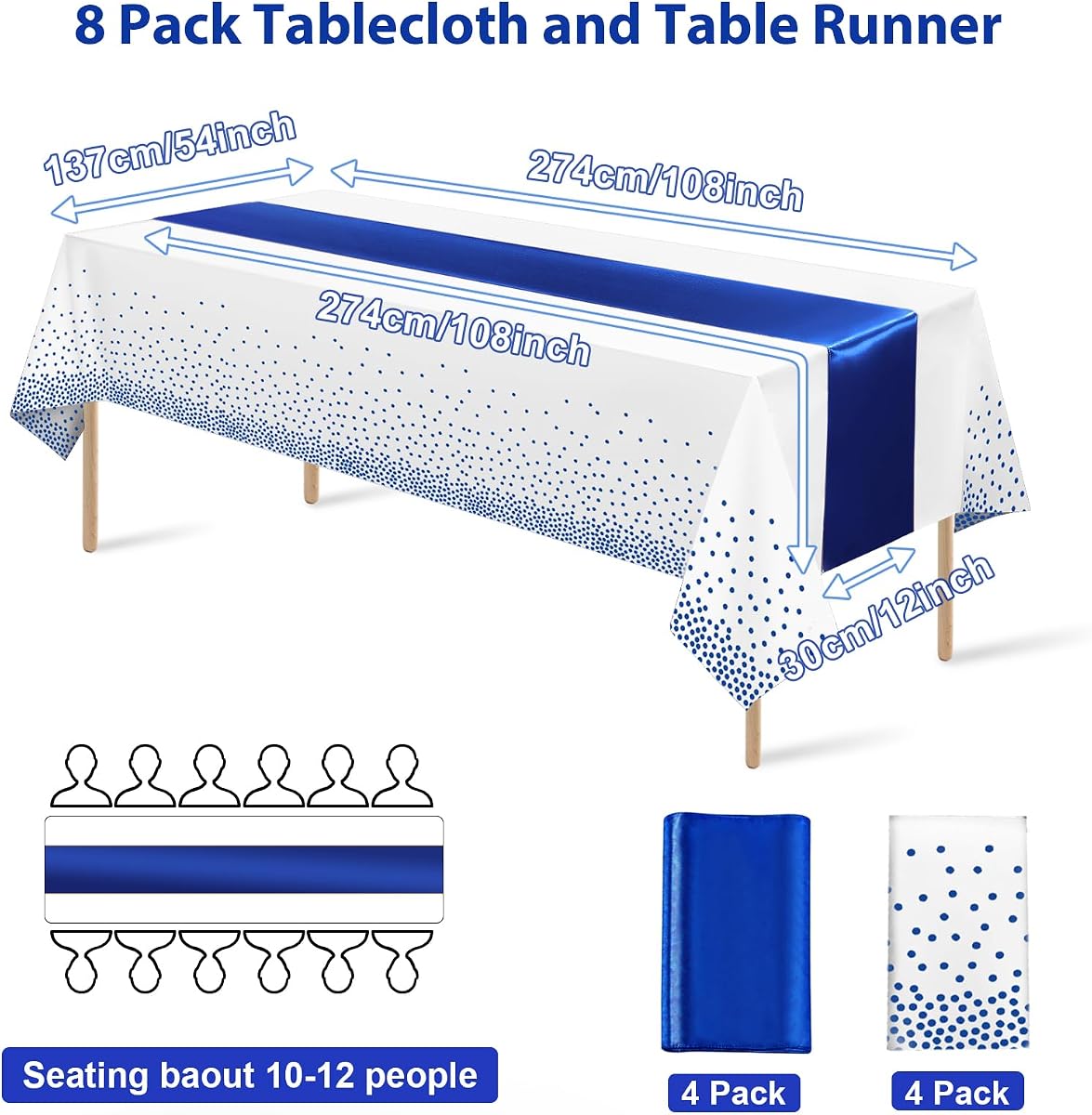 White and Royal Blue Tablecloth and Runner Set, 8 pack view 2