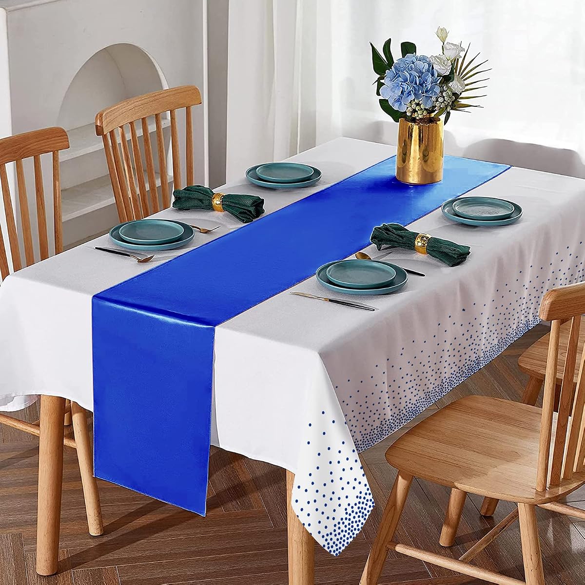 White and Royal Blue Tablecloth and Runner Set, 8 pack view 4