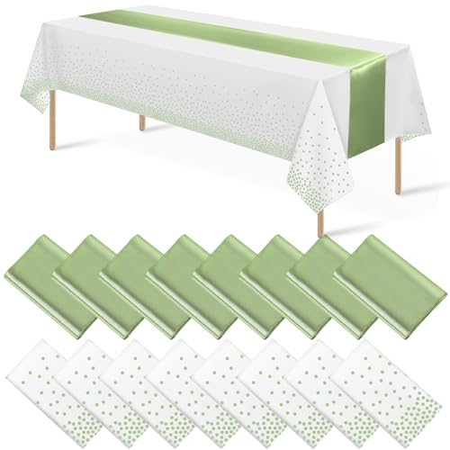 White and Sage Green Tablecloth and Runner Set, 16 pack