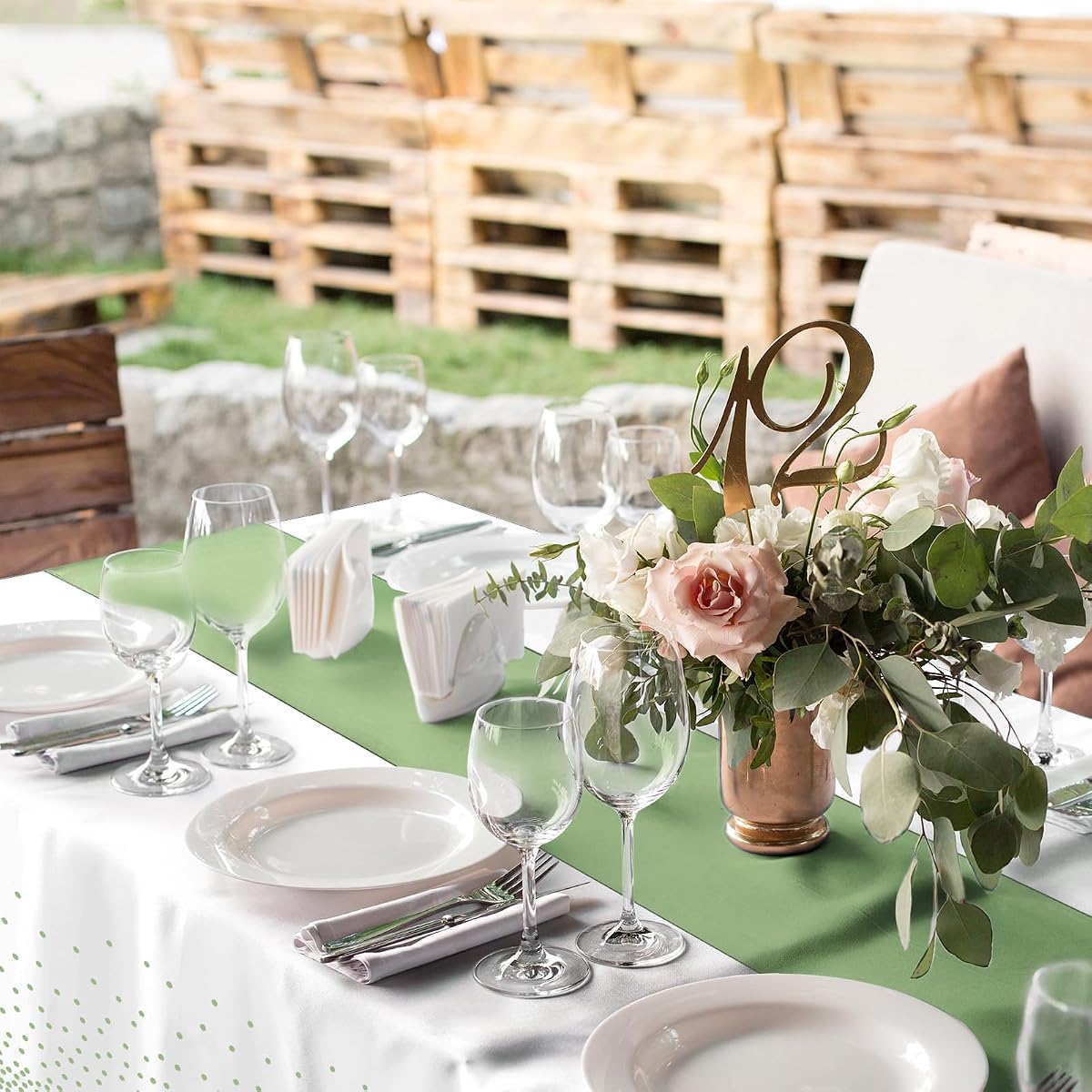 White and Sage Green Tablecloth and Runner Set, 16 pack view 4