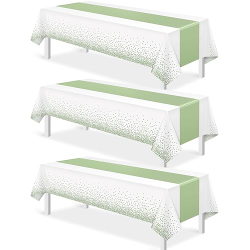White and Sage Green Tablecloth and Runner Set, 54 x 108 inch, 3 pack