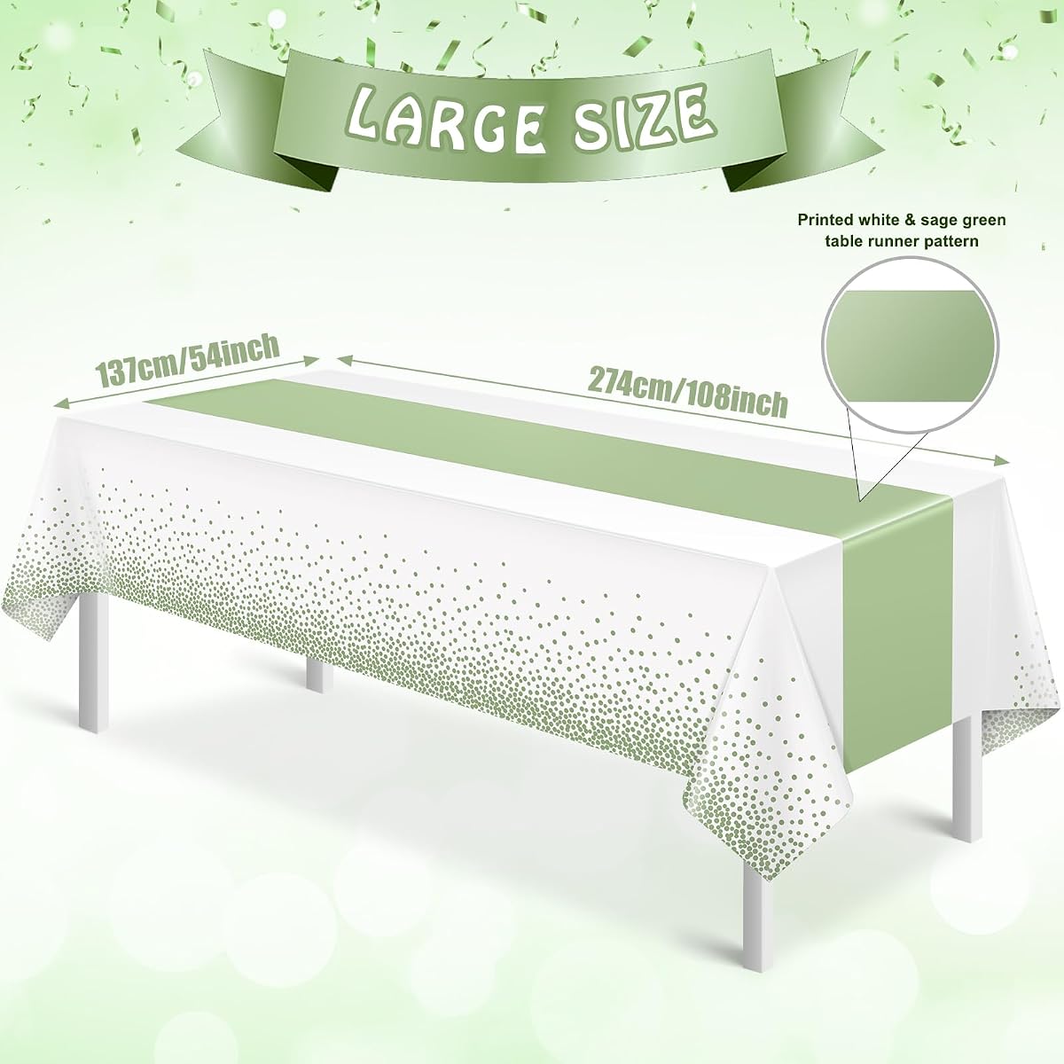 White and Sage Green Tablecloth and Runner Set, 54 x 108 inch, 3 pack view 2