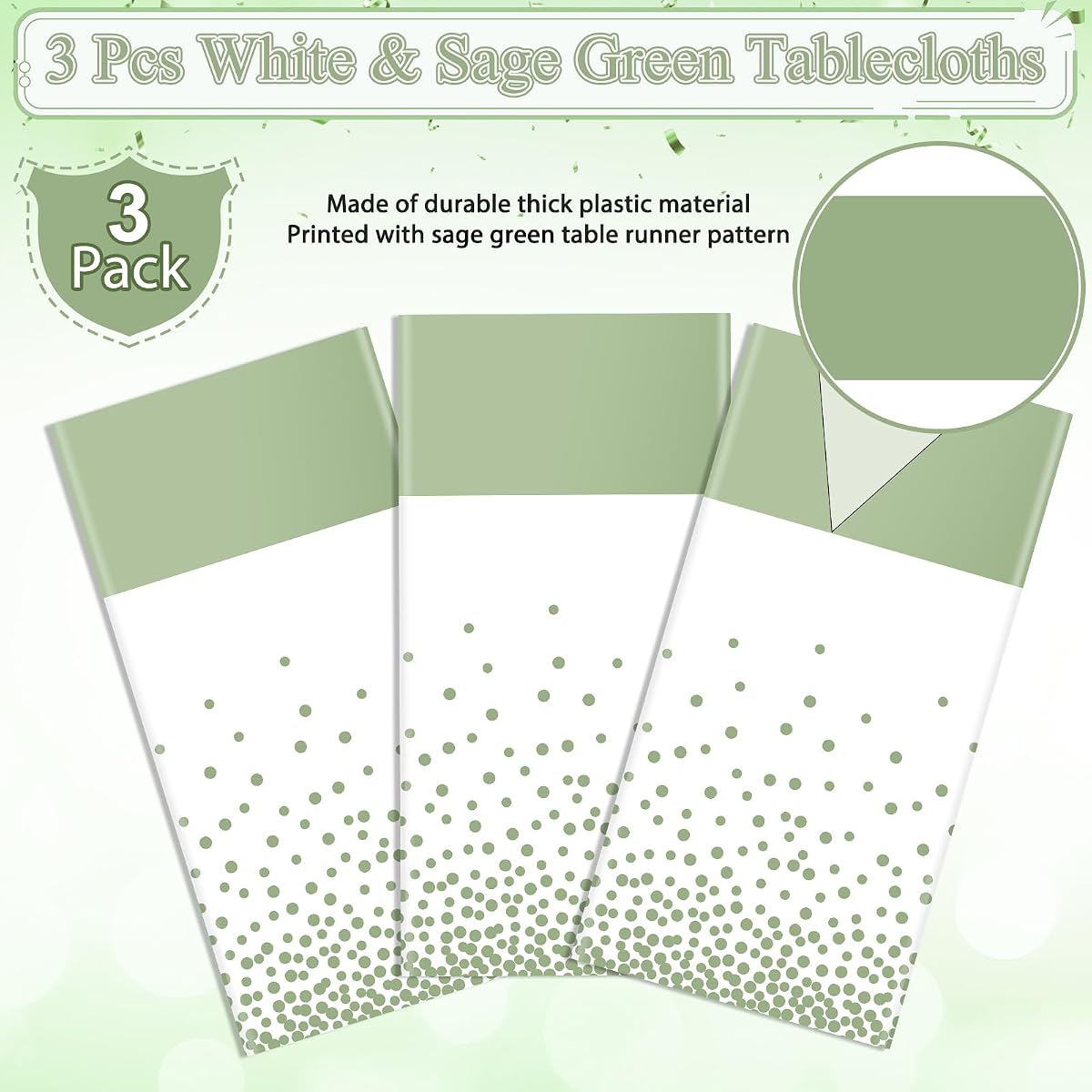White and Sage Green Tablecloth and Runner Set, 54 x 108 inch, 3 pack view 3