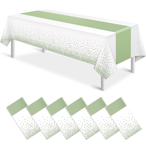 White and Sage Green Tablecloth and Runner Set, 54 x 108 inch, 6 pack