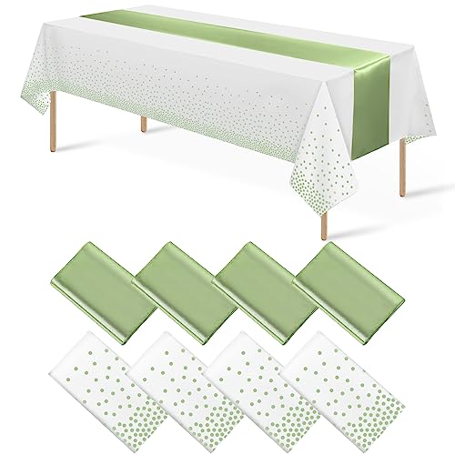 White and Sage Green Tablecloth and Runner Set, 8 pack