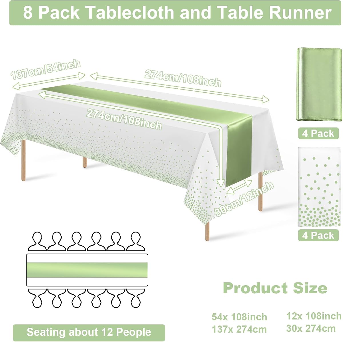White and Sage Green Tablecloth and Runner Set, 8 pack view 2