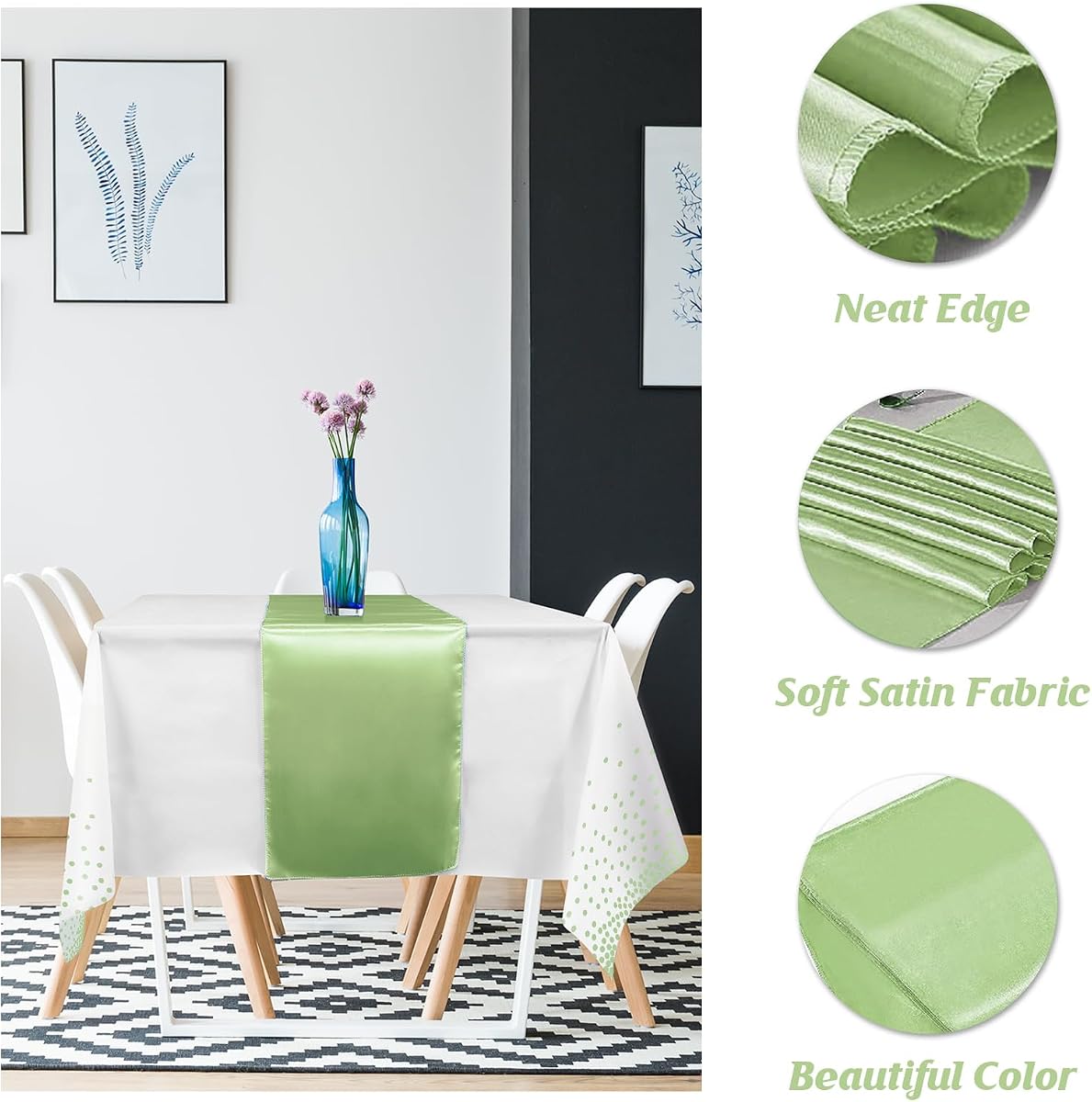White and Sage Green Tablecloth and Runner Set, 8 pack view 3