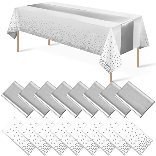 White and Silver Tablecloth and Runner Set, 16 pack