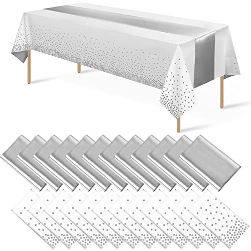 White and Silver Tablecloth and Runner Set, 24 pack