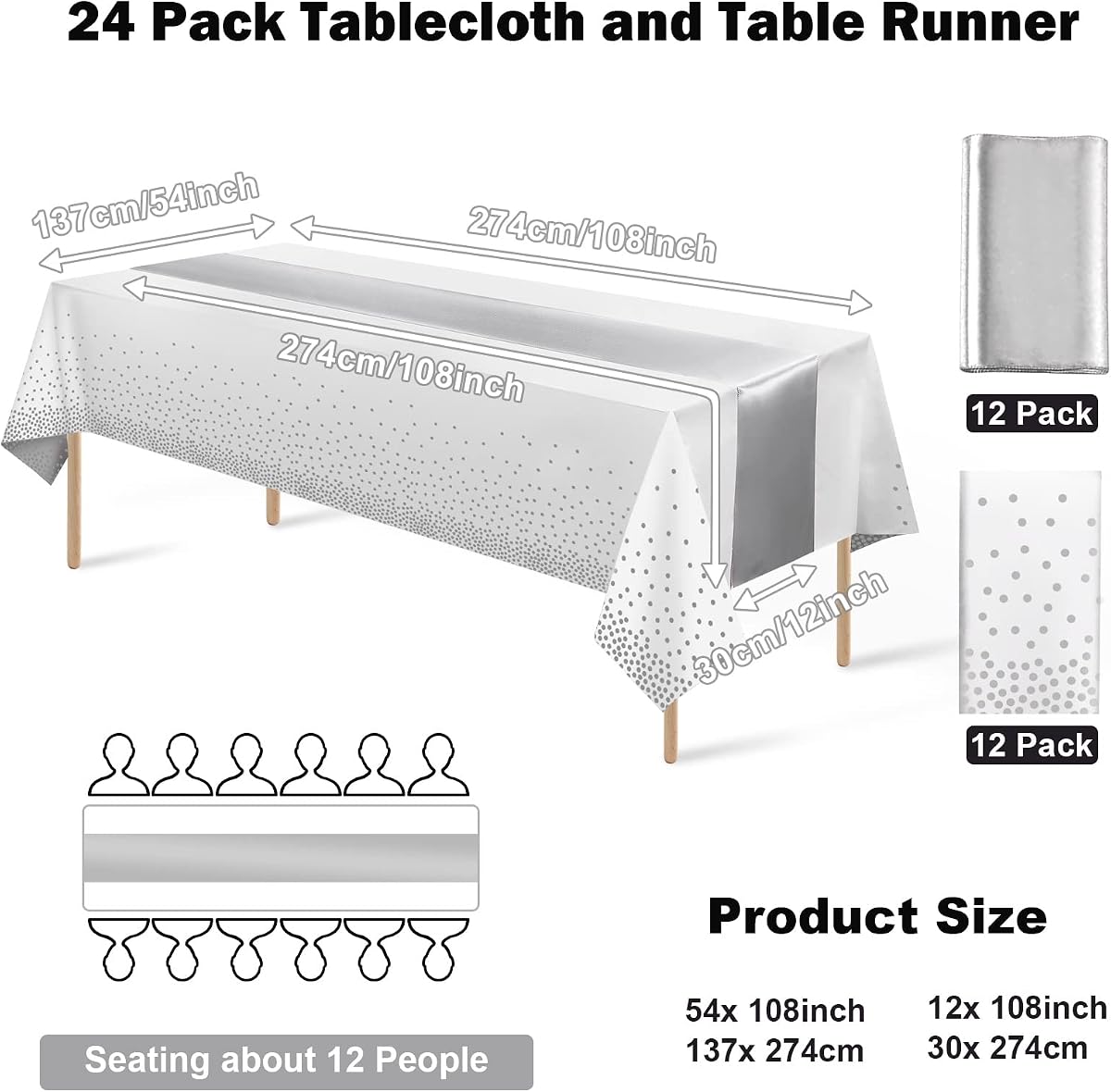 White and Silver Tablecloth and Runner Set, 24 pack view 2