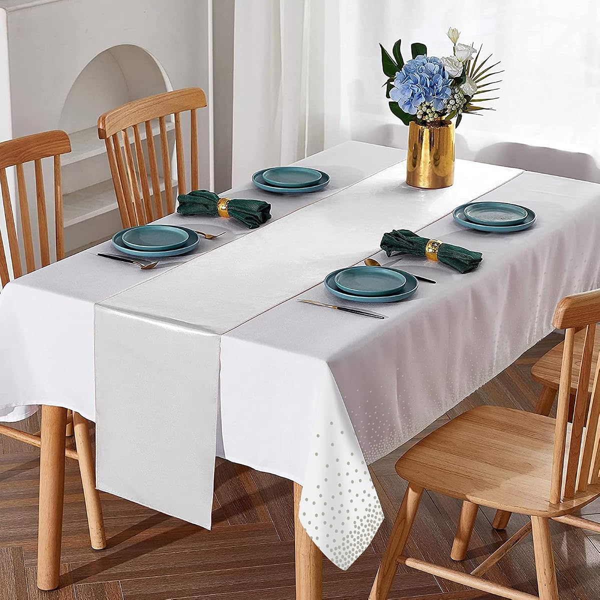 White and Silver Tablecloth and Runner Set, 24 pack view 4