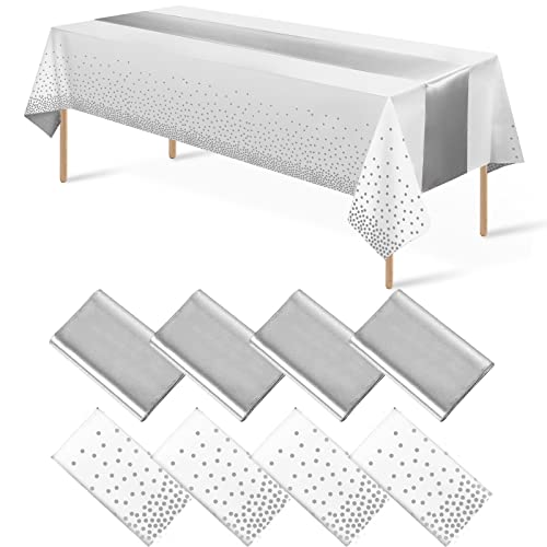 White and Silver Tablecloth and Runner Set, 8 pack