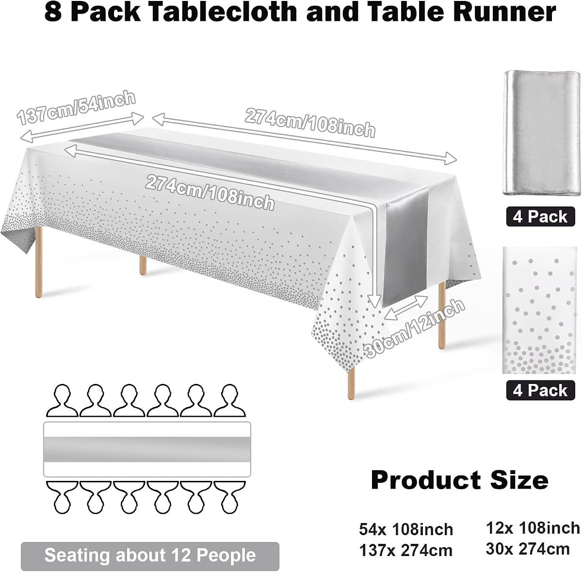 White and Silver Tablecloth and Runner Set, 8 pack view 2