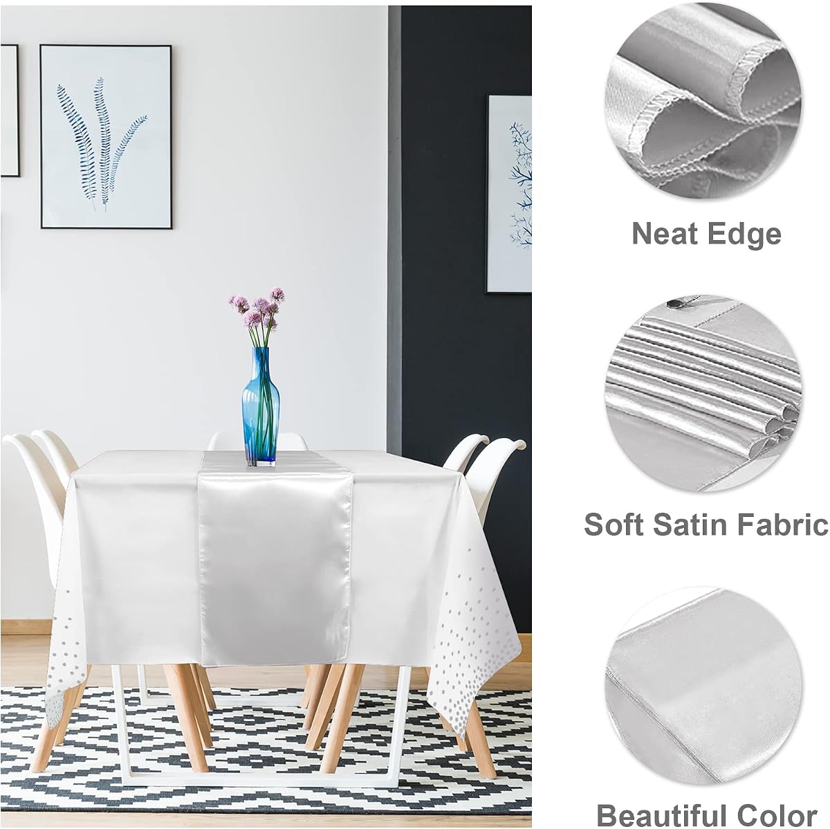 White and Silver Tablecloth and Runner Set, 8 pack view 3