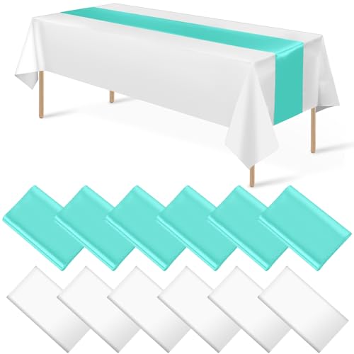 White and Teal Tablecloth and Runner Set, 54 x 108 inch, 12 pack