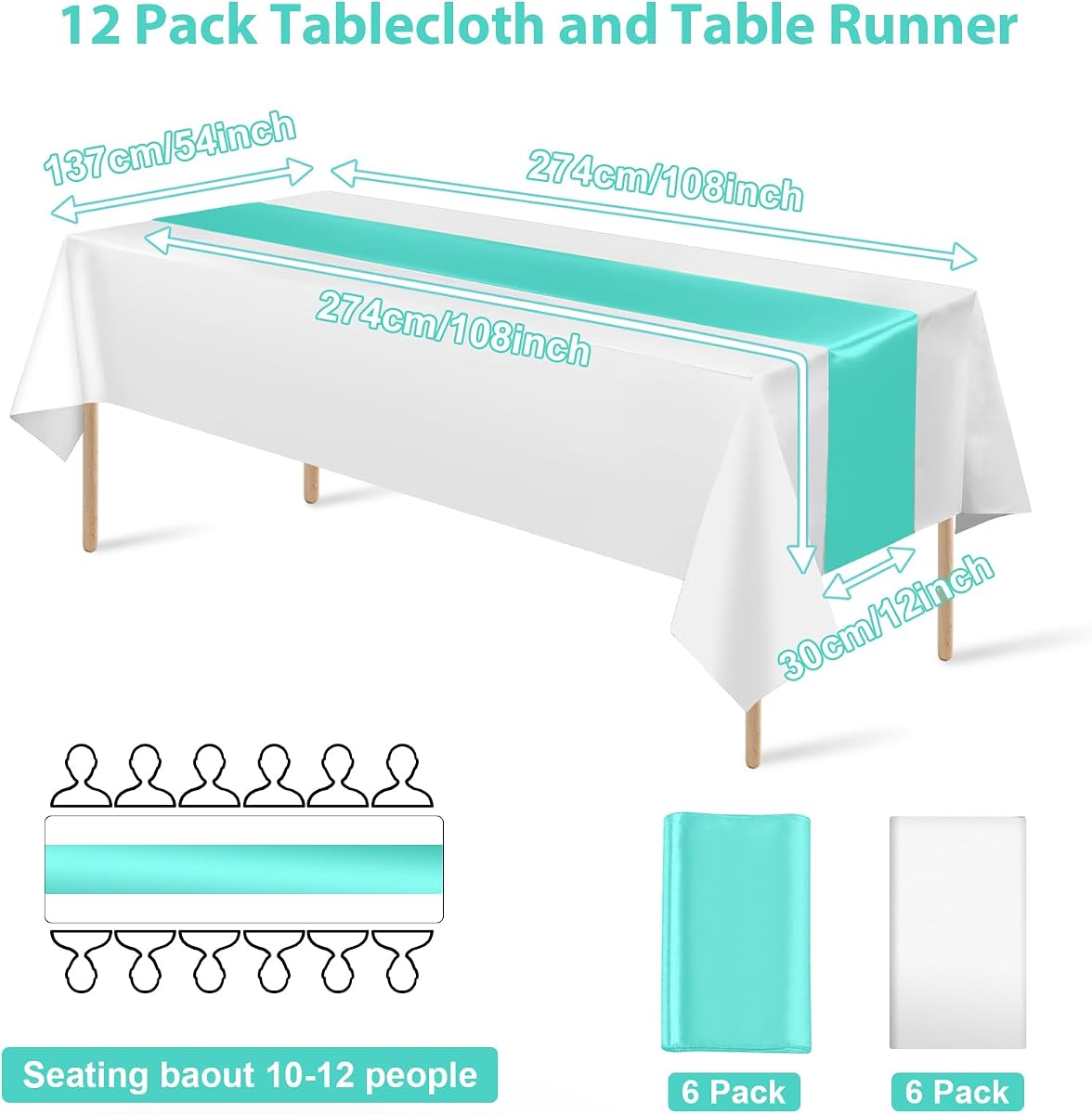 White and Teal Tablecloth and Runner Set, 54 x 108 inch, 12 pack view 2