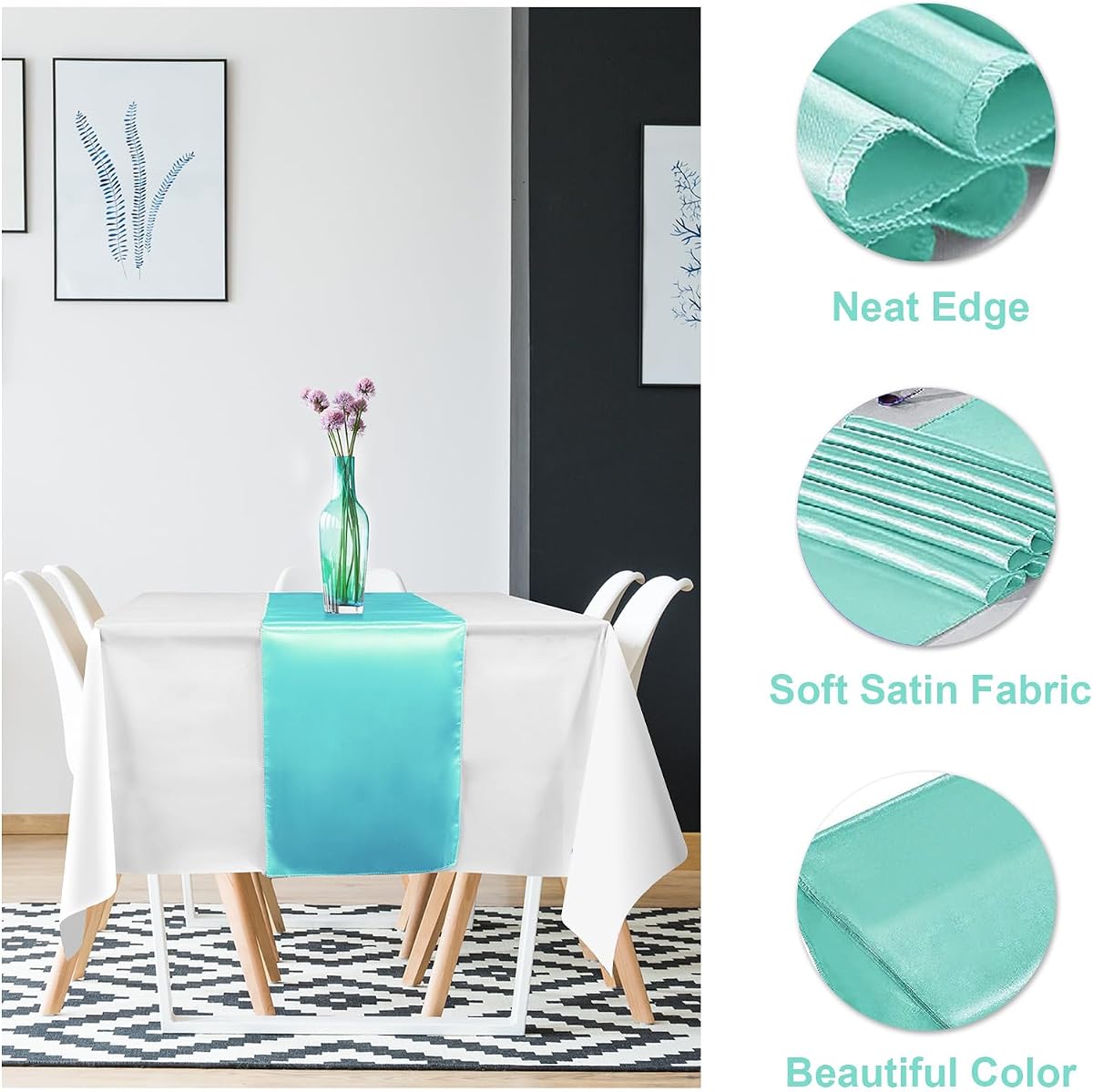 White and Teal Tablecloth and Runner Set, 54 x 108 inch, 12 pack view 3
