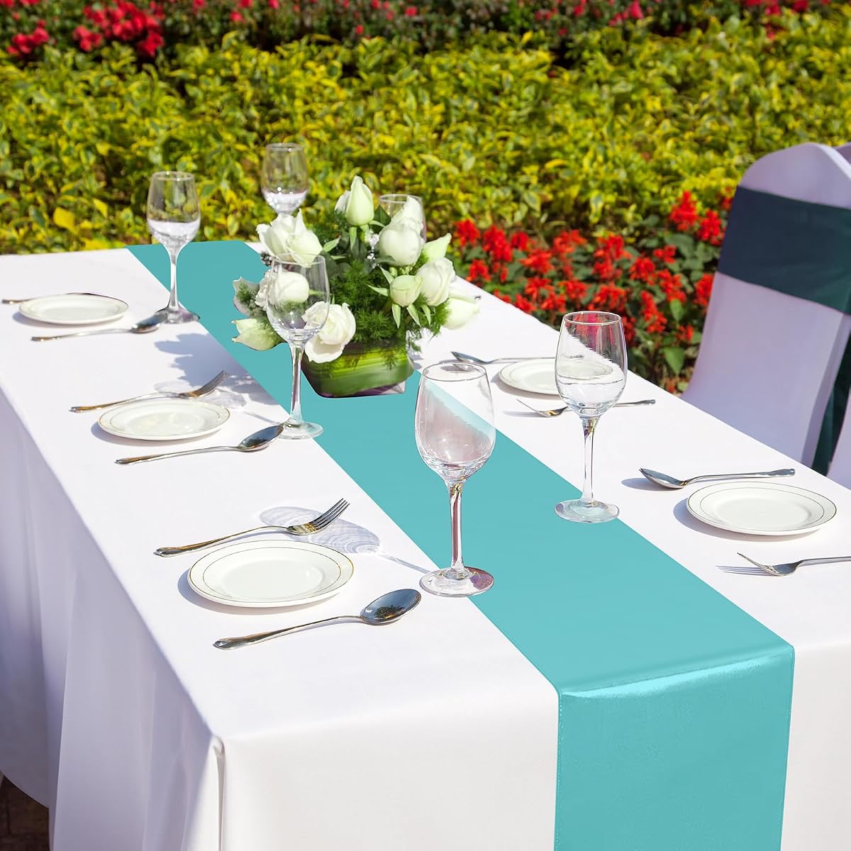 White and Teal Tablecloth and Runner Set, 54 x 108 inch, 12 pack view 4